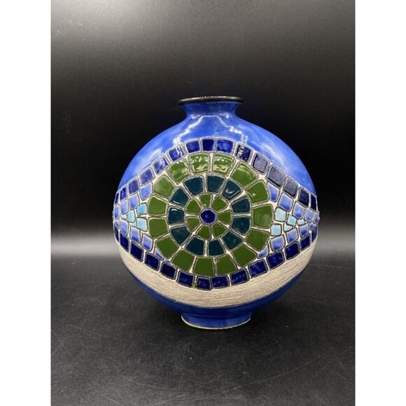 Eduardo Vega Artesa Girasol Azul Round 8” Vase Ecuador Green Blue Colors - Picture 1 of 10
